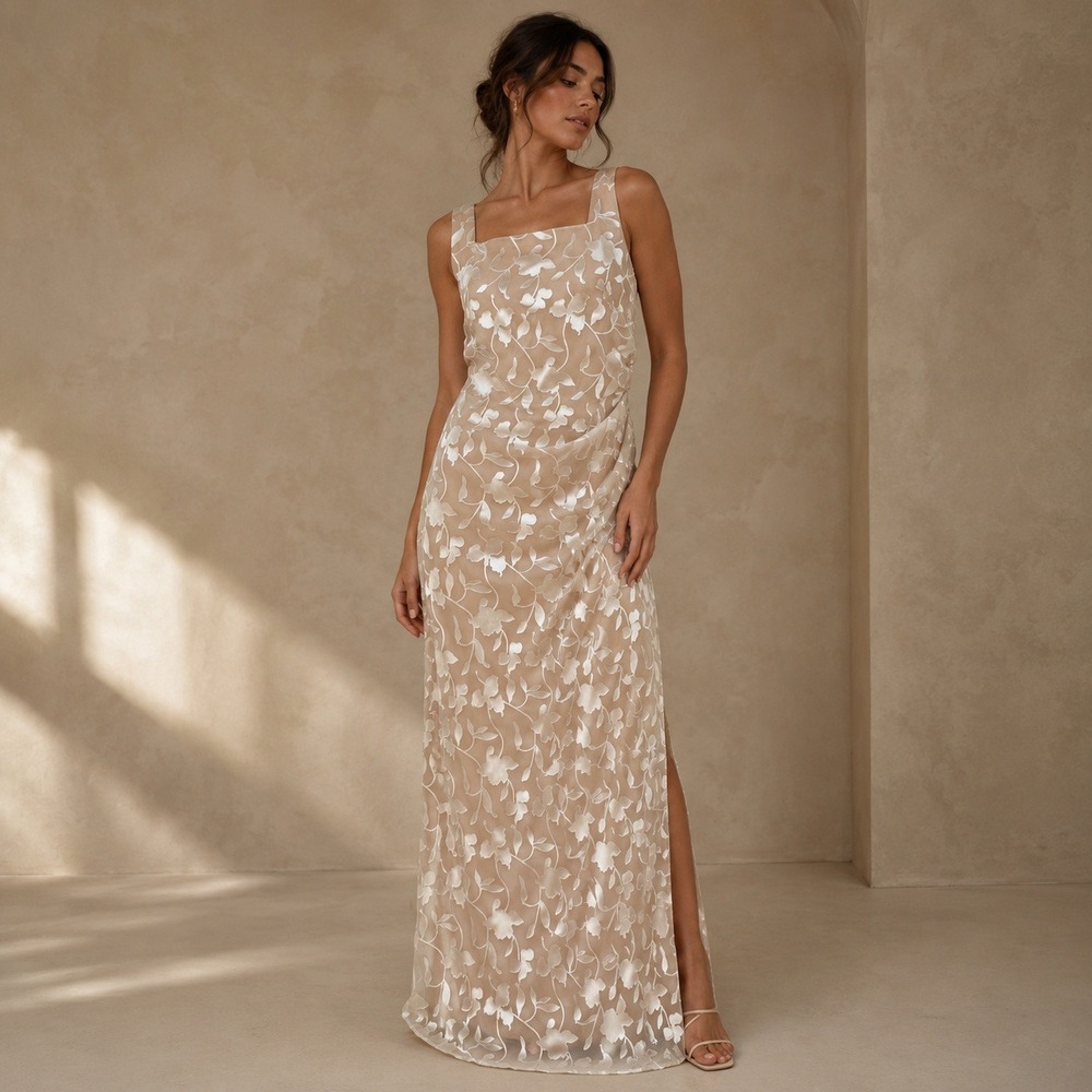Vtg 90s Arianna by Rachel Kaye Maxi Dress 8 Champagne  Burnout Formal Chic event